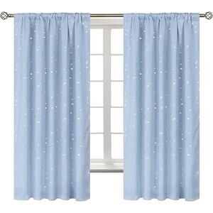 Kids Light Blue & Silver Stars Rod Pocket Curtains  Nursery 2 Panels 52 x 63"